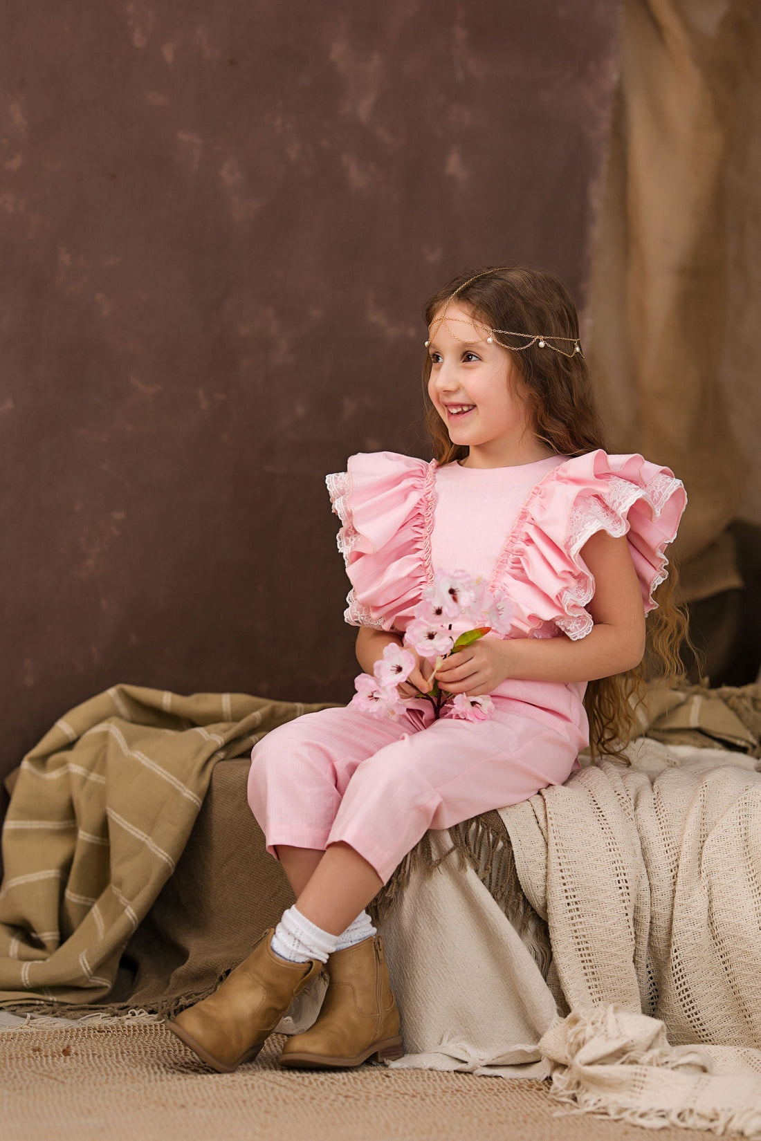 Pink Linen Jumpsuit with Ruffles and Lace for Girls