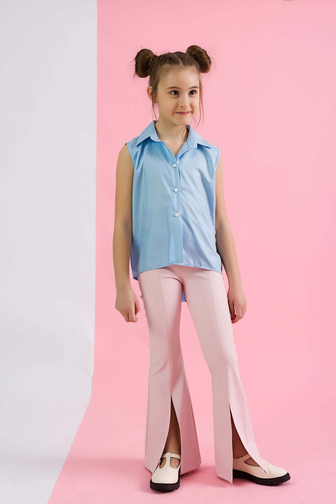 Pink Faux Leather Flared Trousers Set for Girls