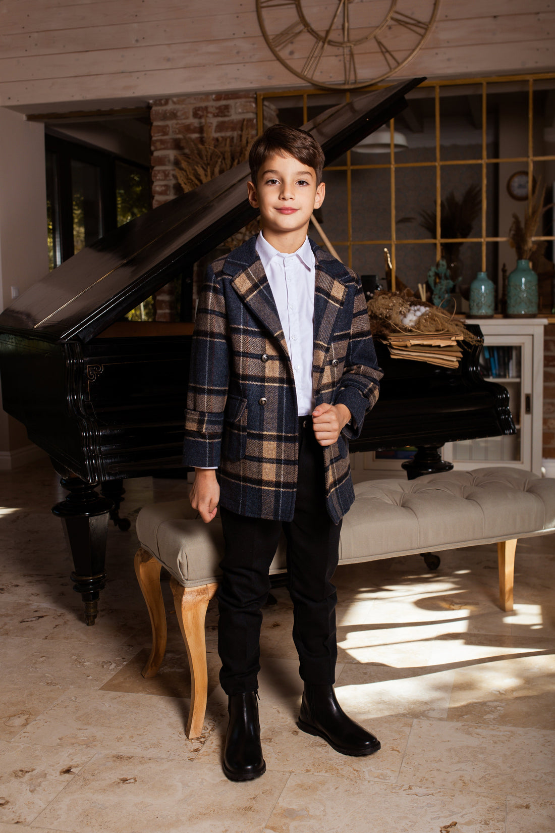 boys checked cotton & wool coat