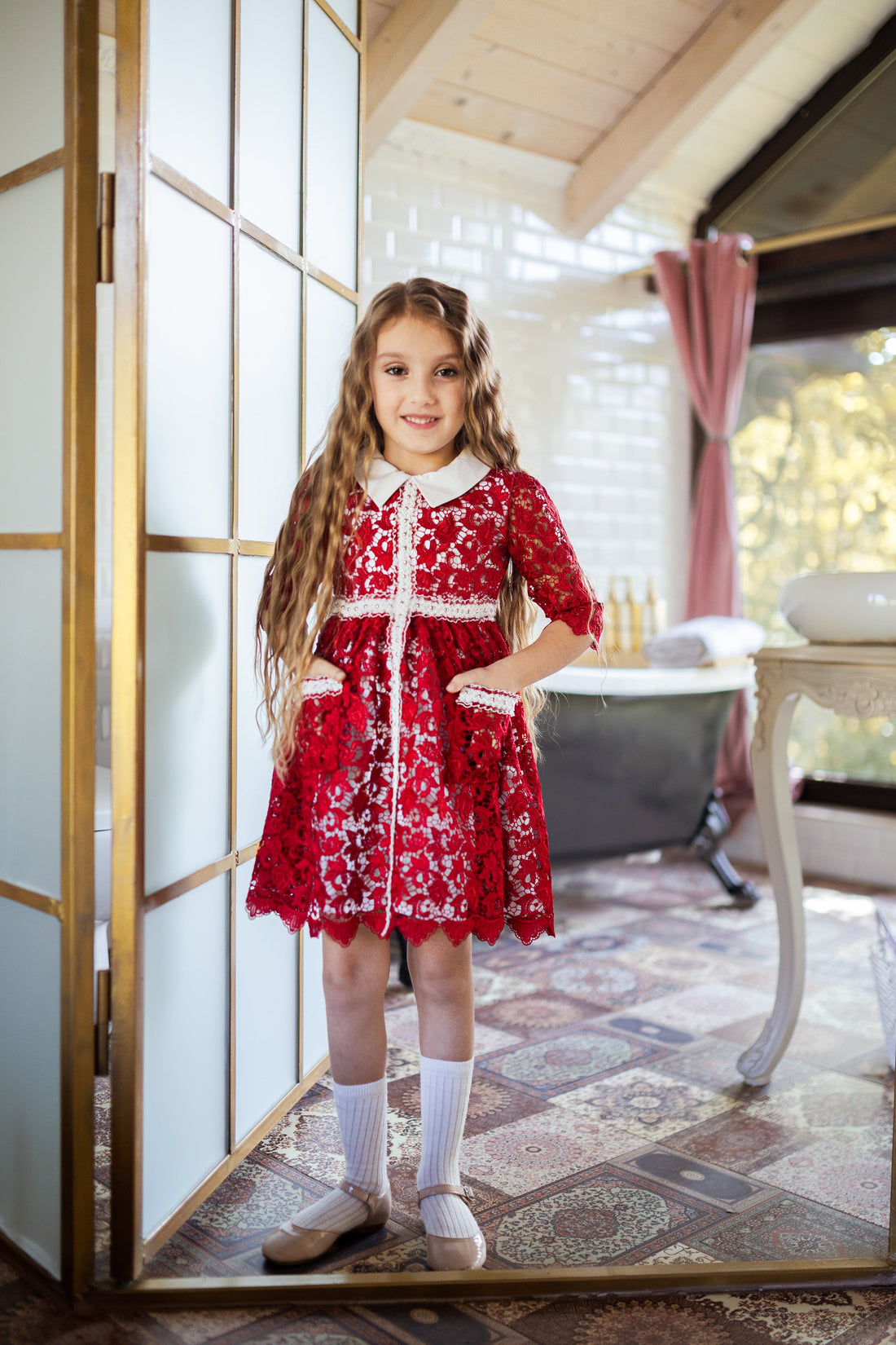 Red Lace Dress for Girls: Peter Pan Collar