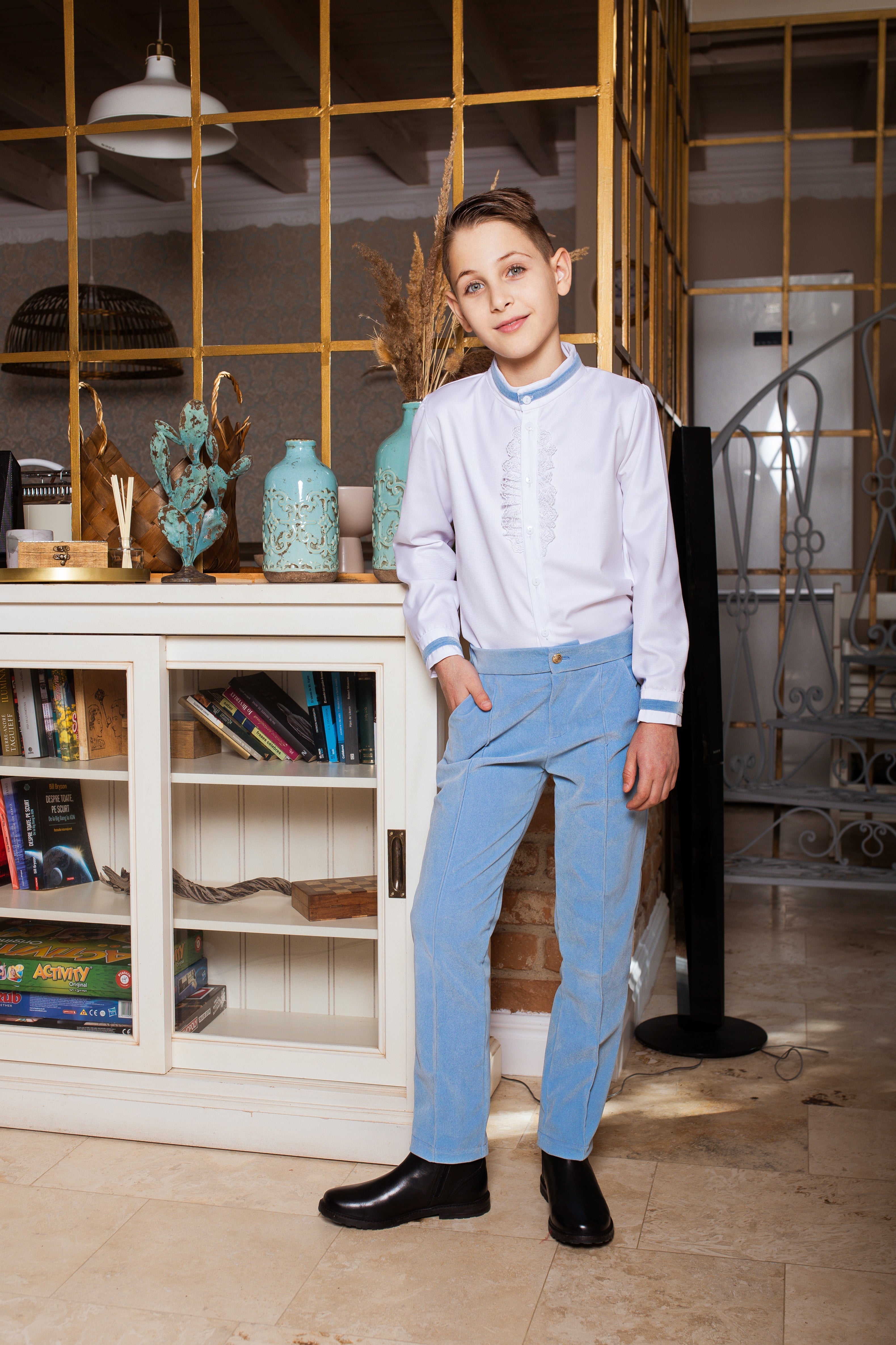 Baby blue velvet trousers