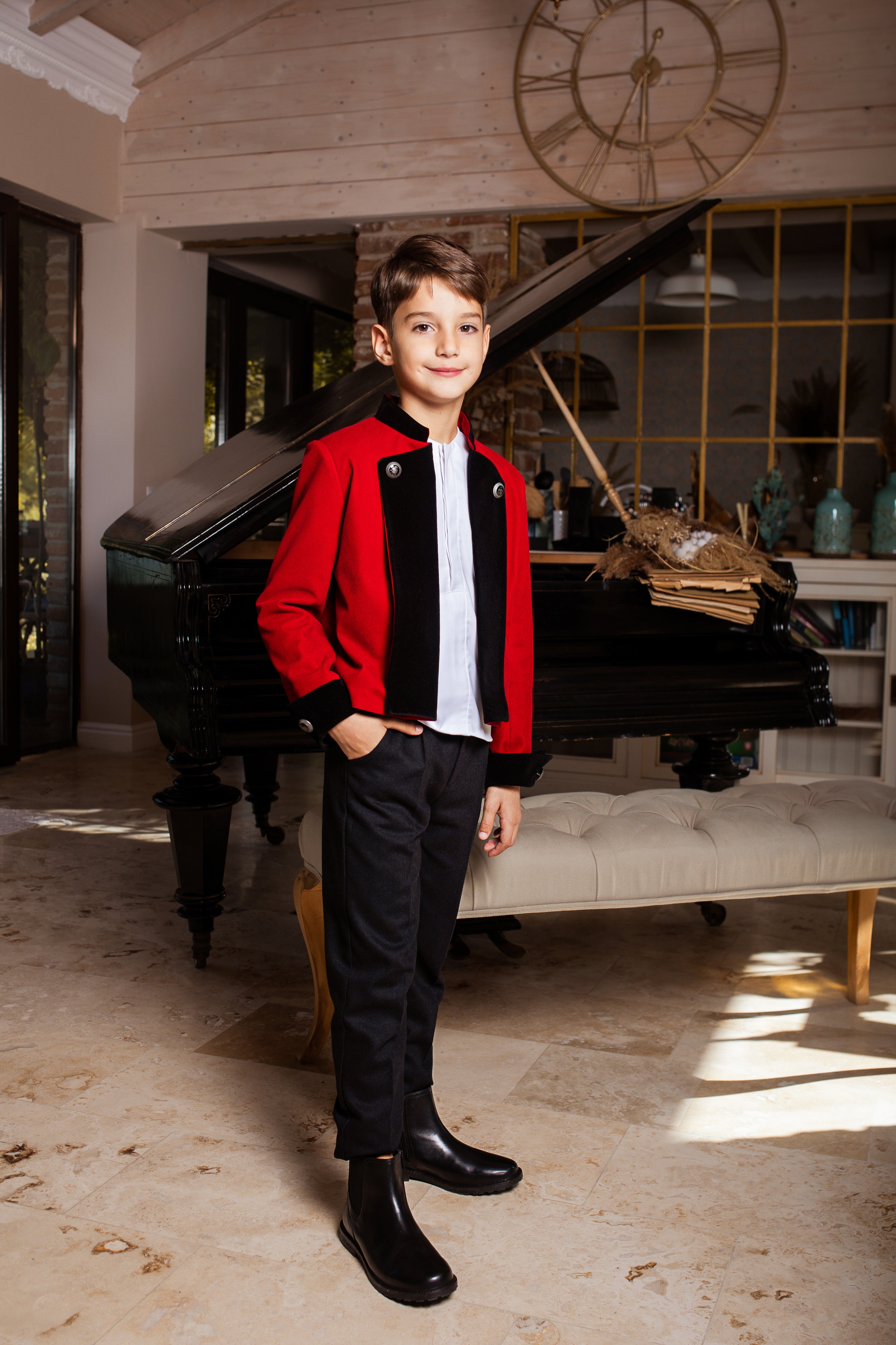 Boys Red and Black Velvet Blazer