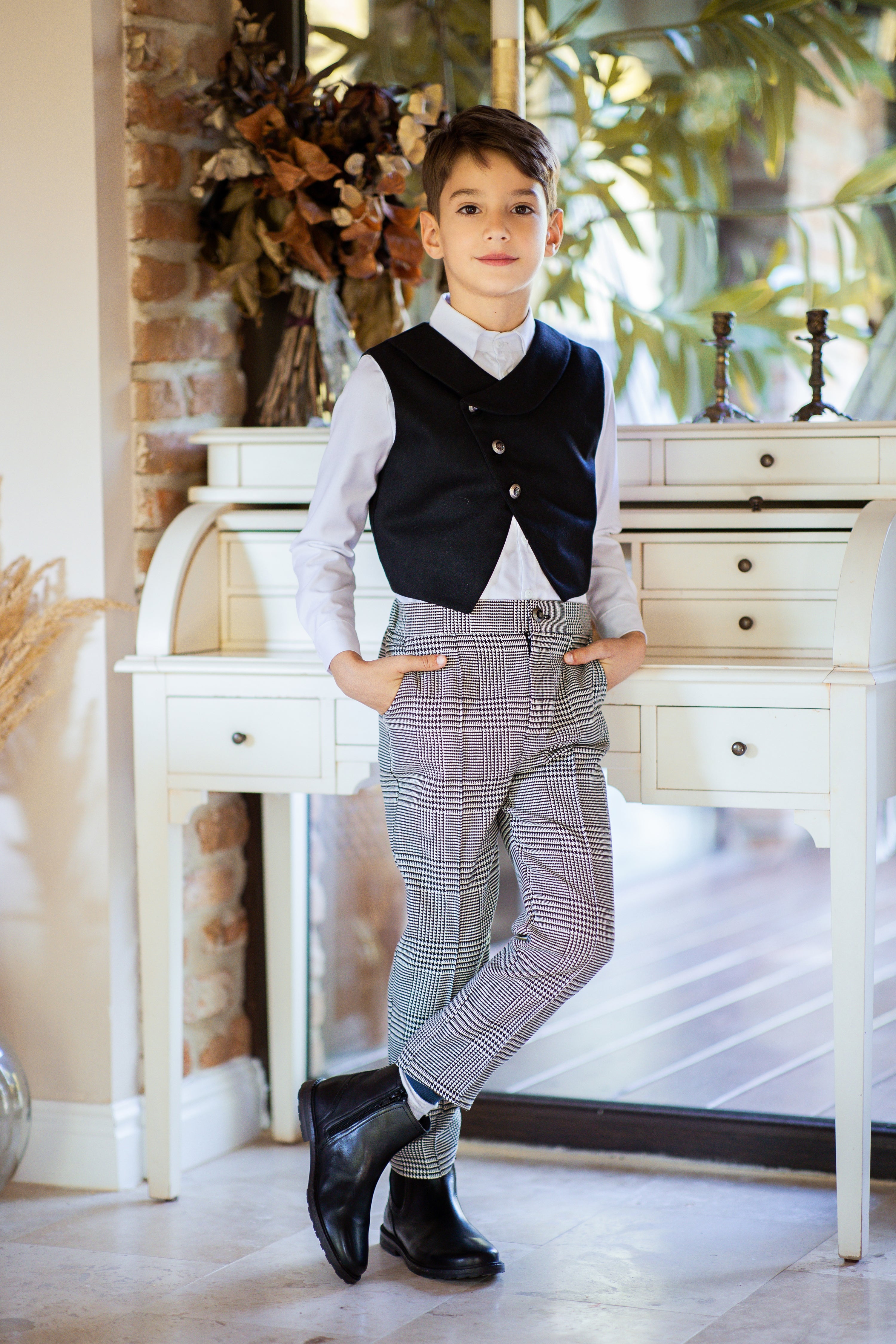 Boys Black Cotton & Wool Waistcoat
