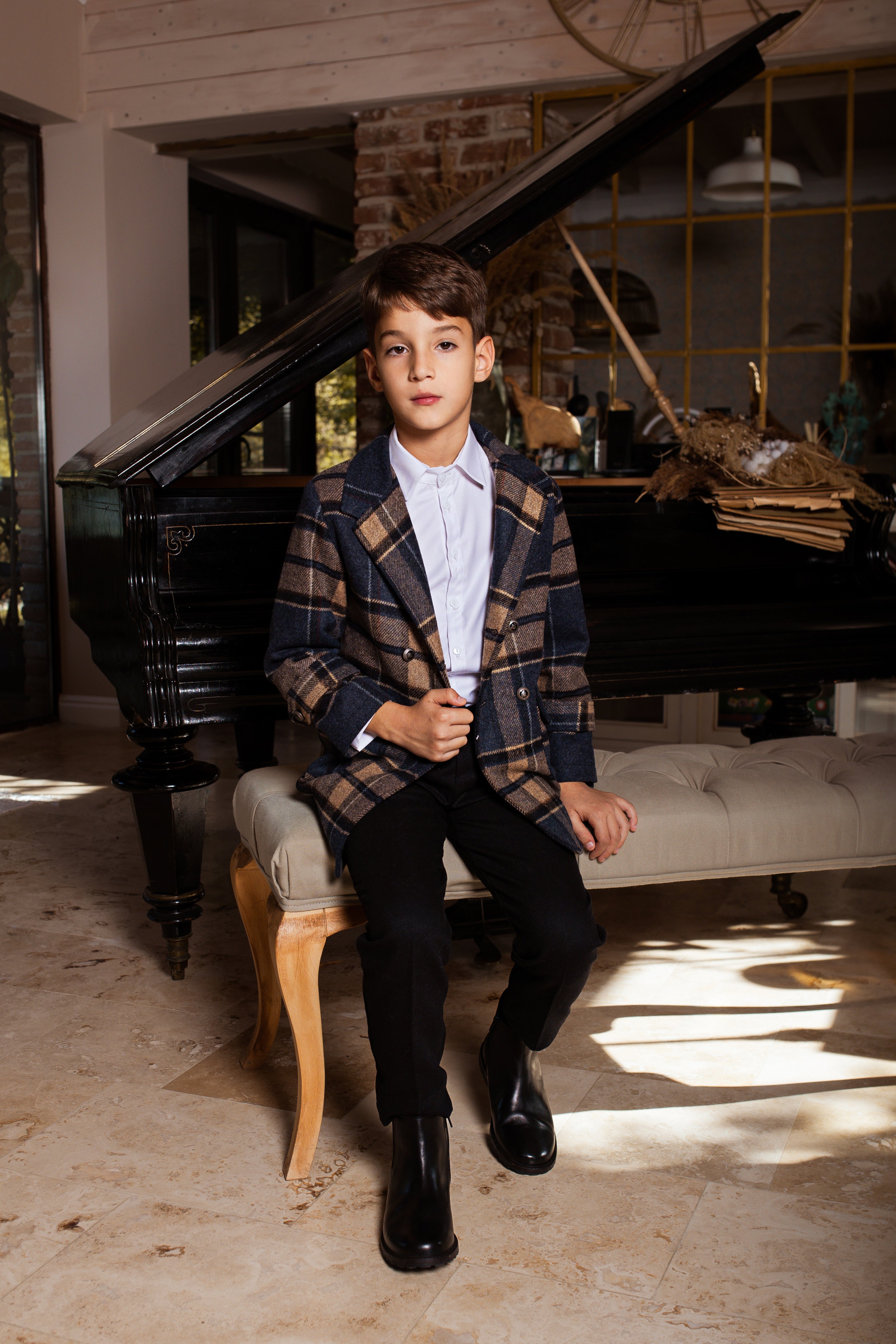 Boys Checked Cotton & Wool Coat