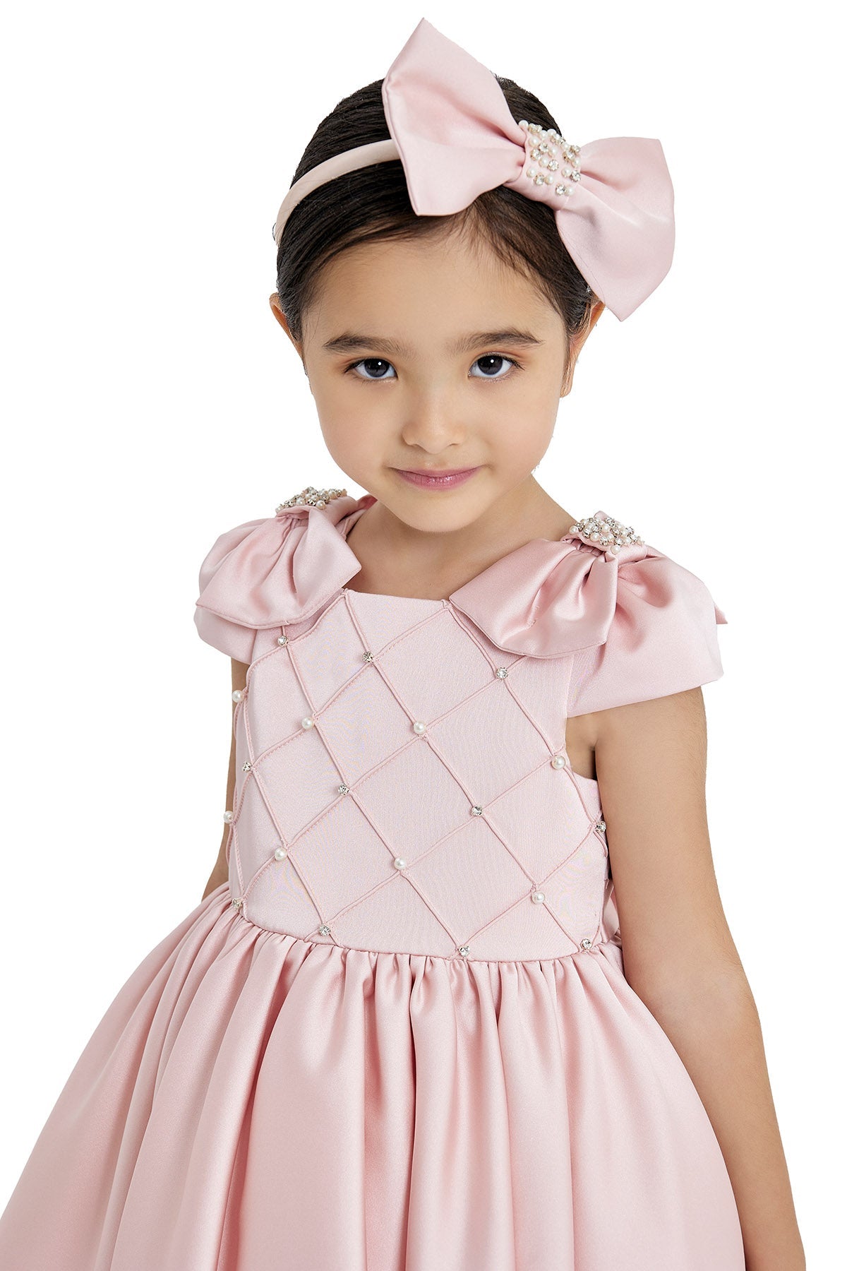 Dalila Elegant White Gown – Premium Taffeta with Signature Shoulder Bows &amp; Pearl Accents