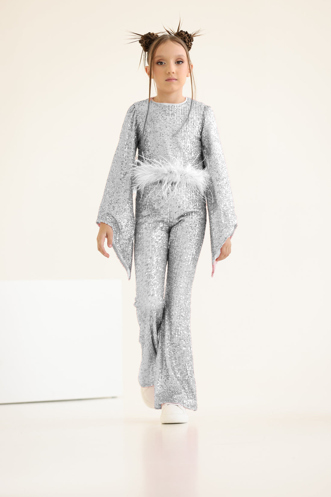 Eliana Elegant Silver Sequin Suit for Girls – Flared Trousers and Top with Natural Feather Trim