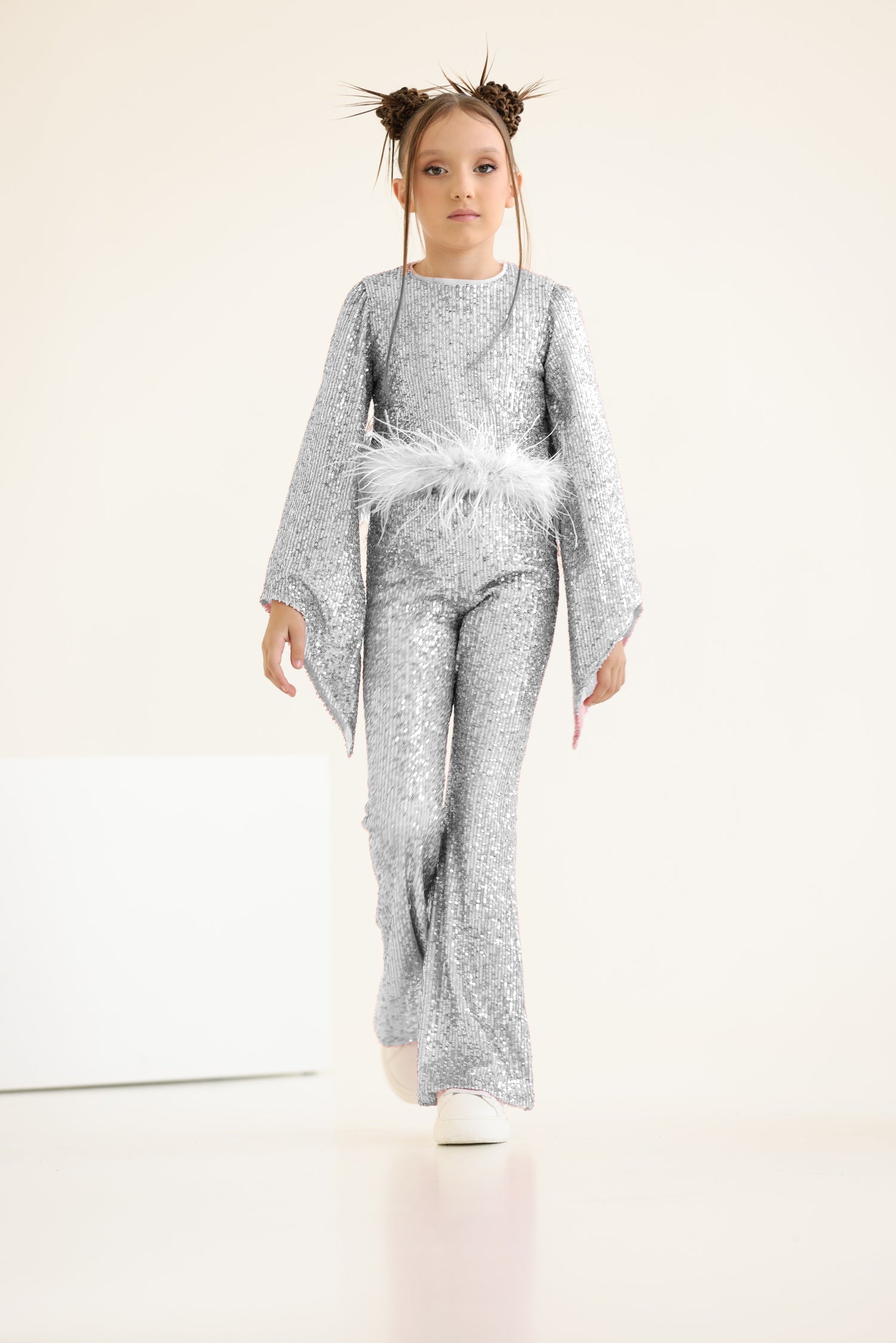 Eliana Elegant Silver Sequin Suit for Girls – Flared Trousers and Top with Natural Feather Trim