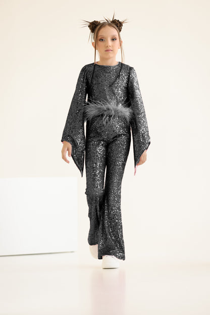 Eliana Elegant Black Sequin Suit for Girls – Flared Trousers and Top with Natural Feather Trim