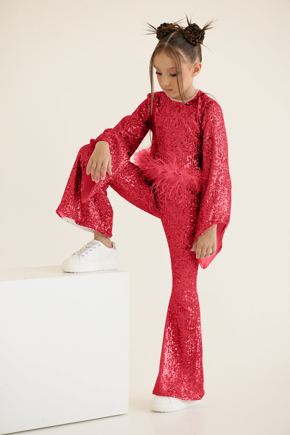Eliana Elegant Red Sequin Suit for Girls – Flared Trousers and Top with Natural Feather Trim
