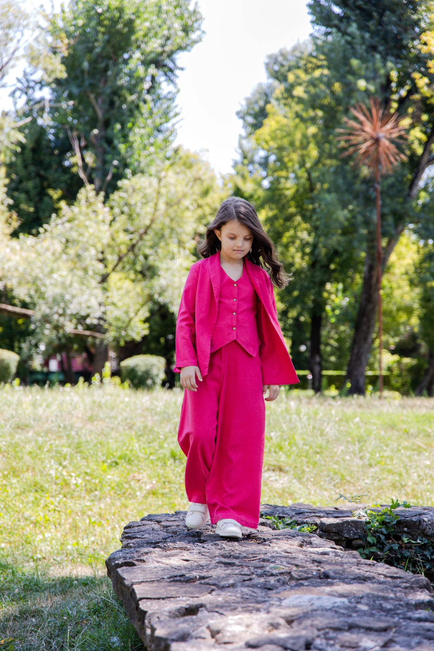 Emma Elegant Black Linen 3-Piece Suit for Girls – Blazer, Vest, and Flared Trousers