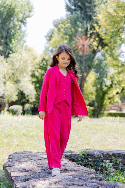 Emma Elegant Black Linen 3-Piece Suit for Girls – Blazer, Vest, and Flared Trousers