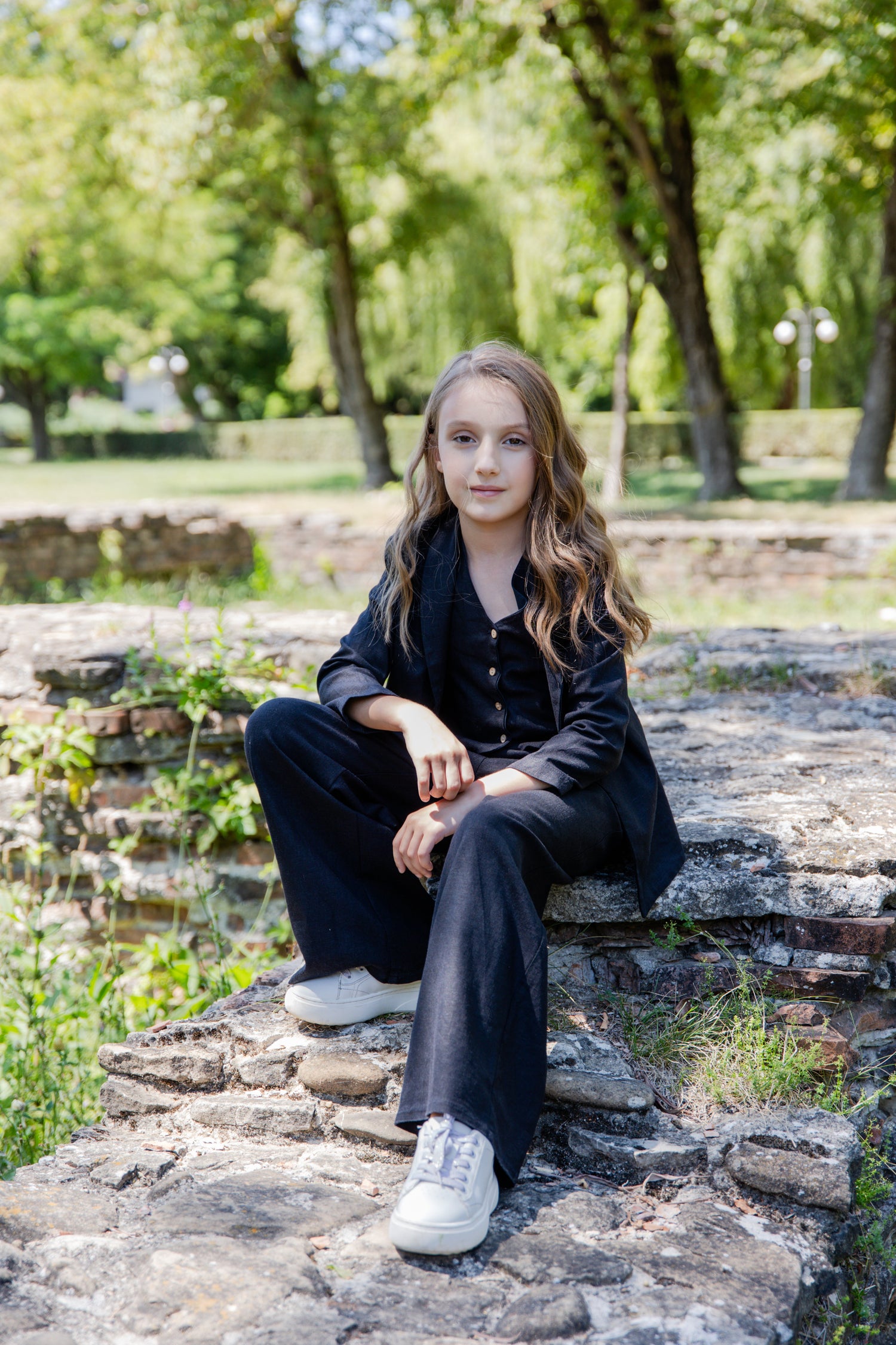 Emma Elegant Black Linen 3-Piece Suit for Girls – Blazer, Vest, and Flared Trousers