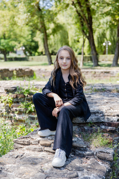 Emma Elegant Black Linen 3-Piece Suit for Girls – Blazer, Vest, and Flared Trousers