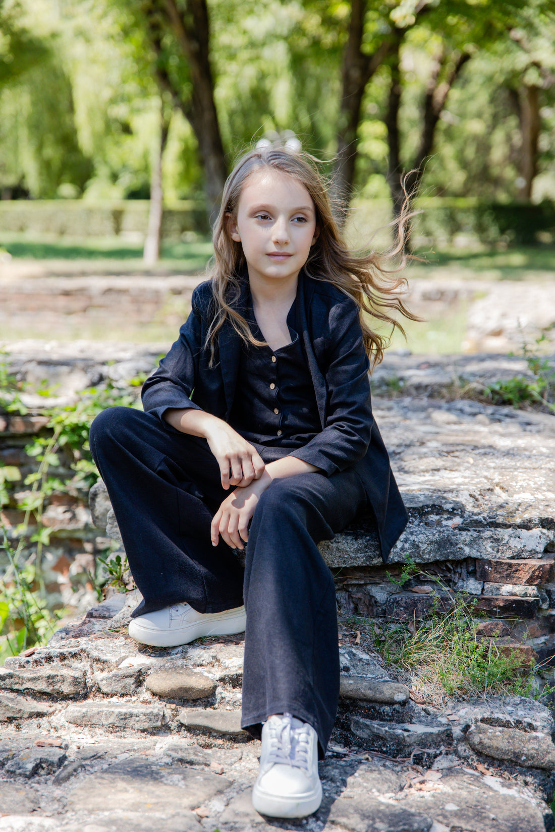 Emma Elegant Black Linen 3-Piece Suit for Girls – Blazer, Vest, and Flared Trousers