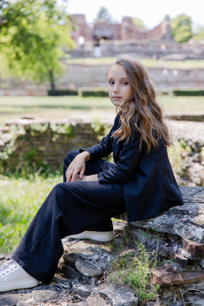 Emma Elegant Black Linen 3-Piece Suit for Girls – Blazer, Vest, and Flared Trousers