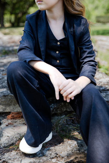 Emma Elegant Pink Linen 3-Piece Suit for Girls – Blazer, Vest, and Flared Trousers