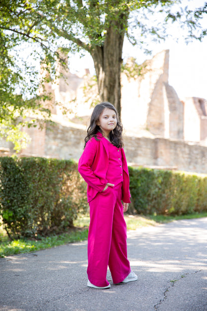 Emma Elegant Pink Linen 3-Piece Suit for Girls – Blazer, Vest, and Flared Trousers