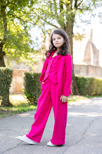 Emma Elegant Pink Linen 3-Piece Suit for Girls – Blazer, Vest, and Flared Trousers
