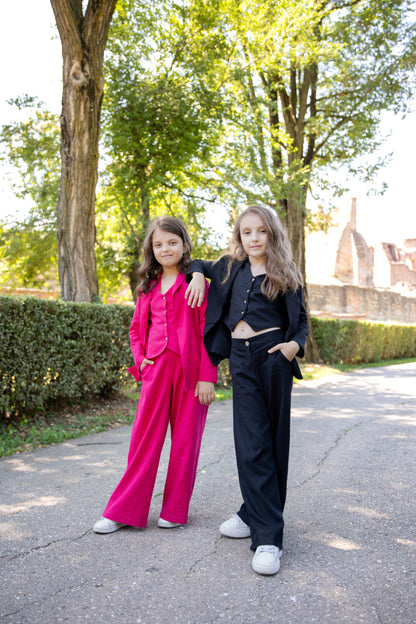 Emma Elegant Black Linen 3-Piece Suit for Girls – Blazer, Vest, and Flared Trousers