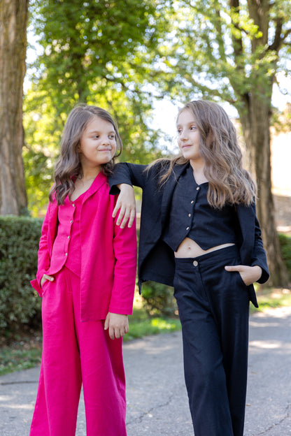 Emma Elegant Pink Linen 3-Piece Suit for Girls – Blazer, Vest, and Flared Trousers