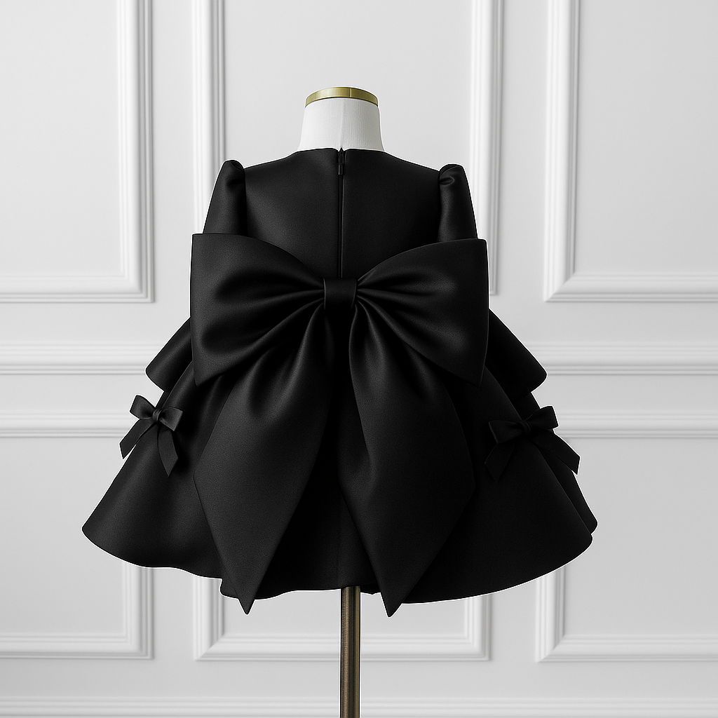 Sol Elegant Black Gown – Premium Long-Sleeved Taffeta with Signature Bow Accents