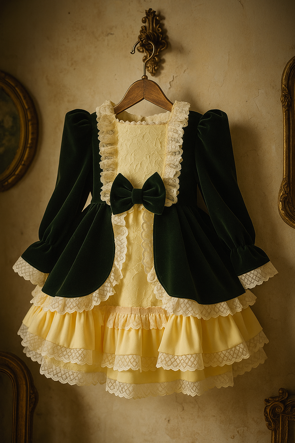 Estelle Vintage Emerald Velvet Dress for Girls – Detailed with Lace and Rich Ruffles