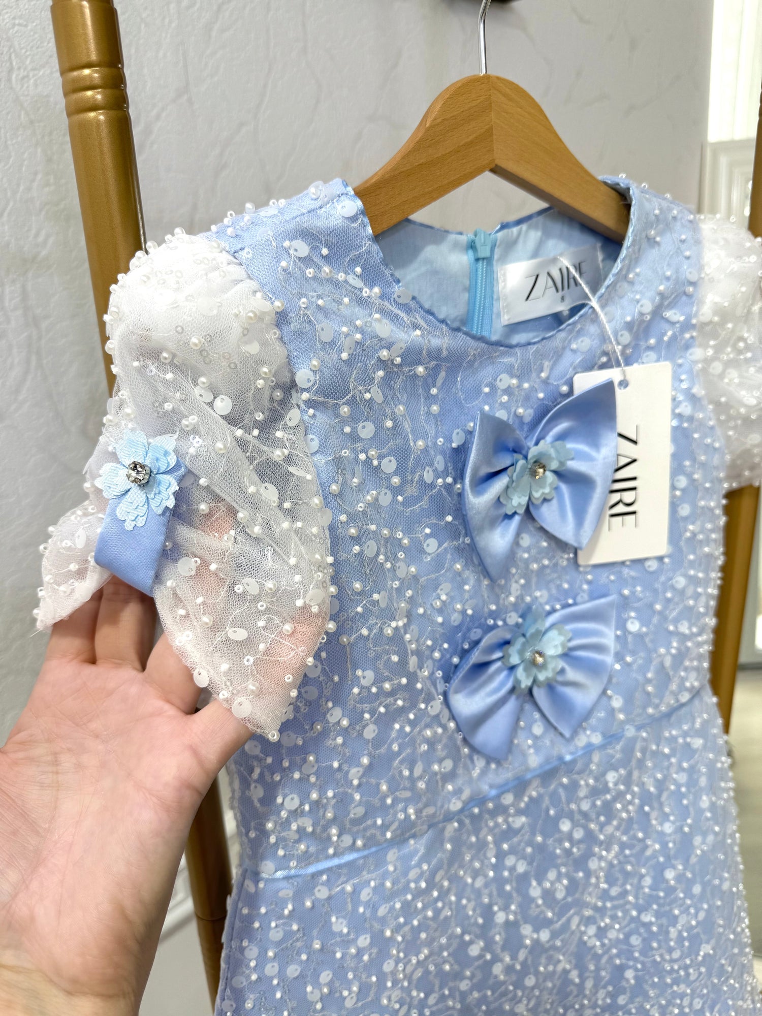 Lara Elegant Sky Blue Gown – Pearl &amp; Sequin Embroidered Lace with Handmade Floral Accents