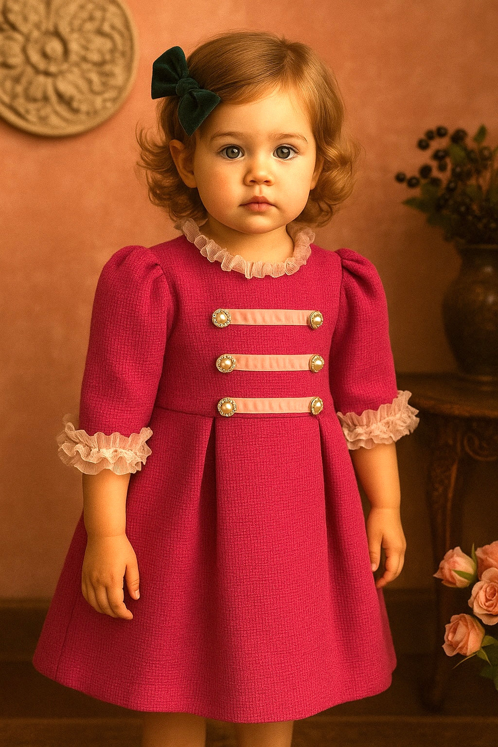 Leila Vintage Pink Tweed Dress for Girls – Ruffled Details and Decorative Buttons