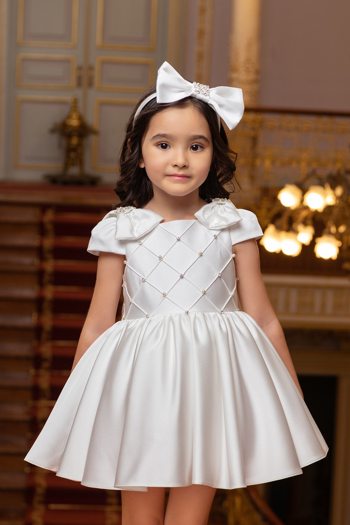Dalila Elegant White Gown – Premium Taffeta with Signature Shoulder Bows &amp; Pearl Accents
