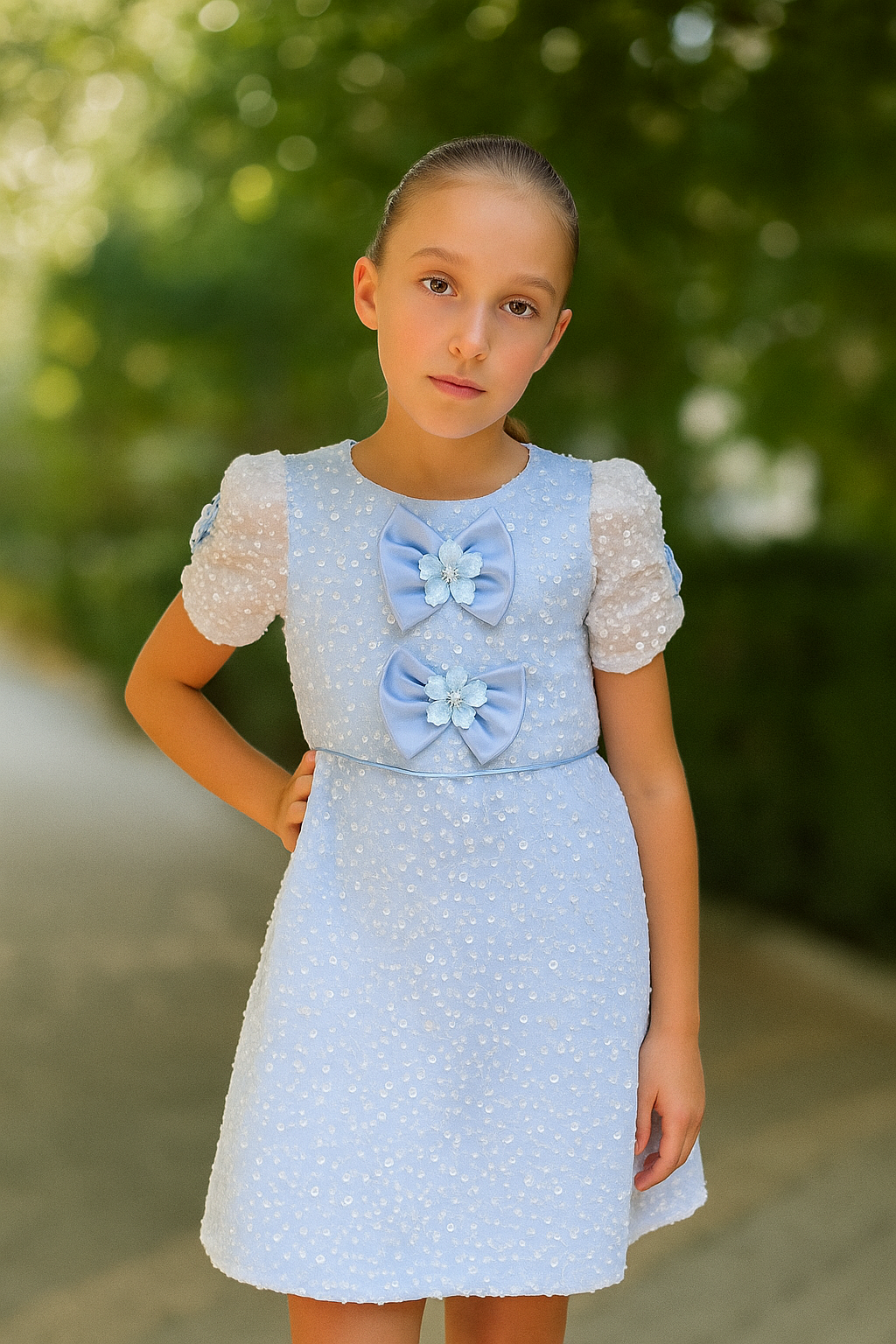 Lara Elegant Sky Blue Gown – Pearl &amp; Sequin Embroidered Lace with Handmade Floral Accents