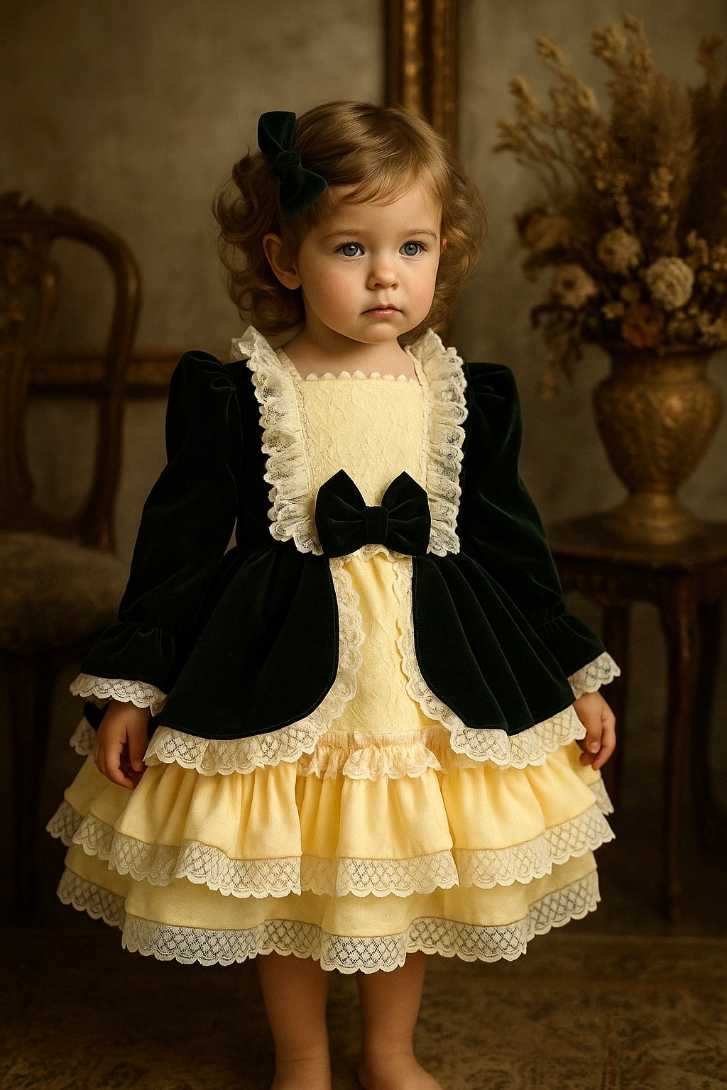 Estelle Vintage Emerald Velvet Dress for Girls – Detailed with Lace and Rich Ruffles