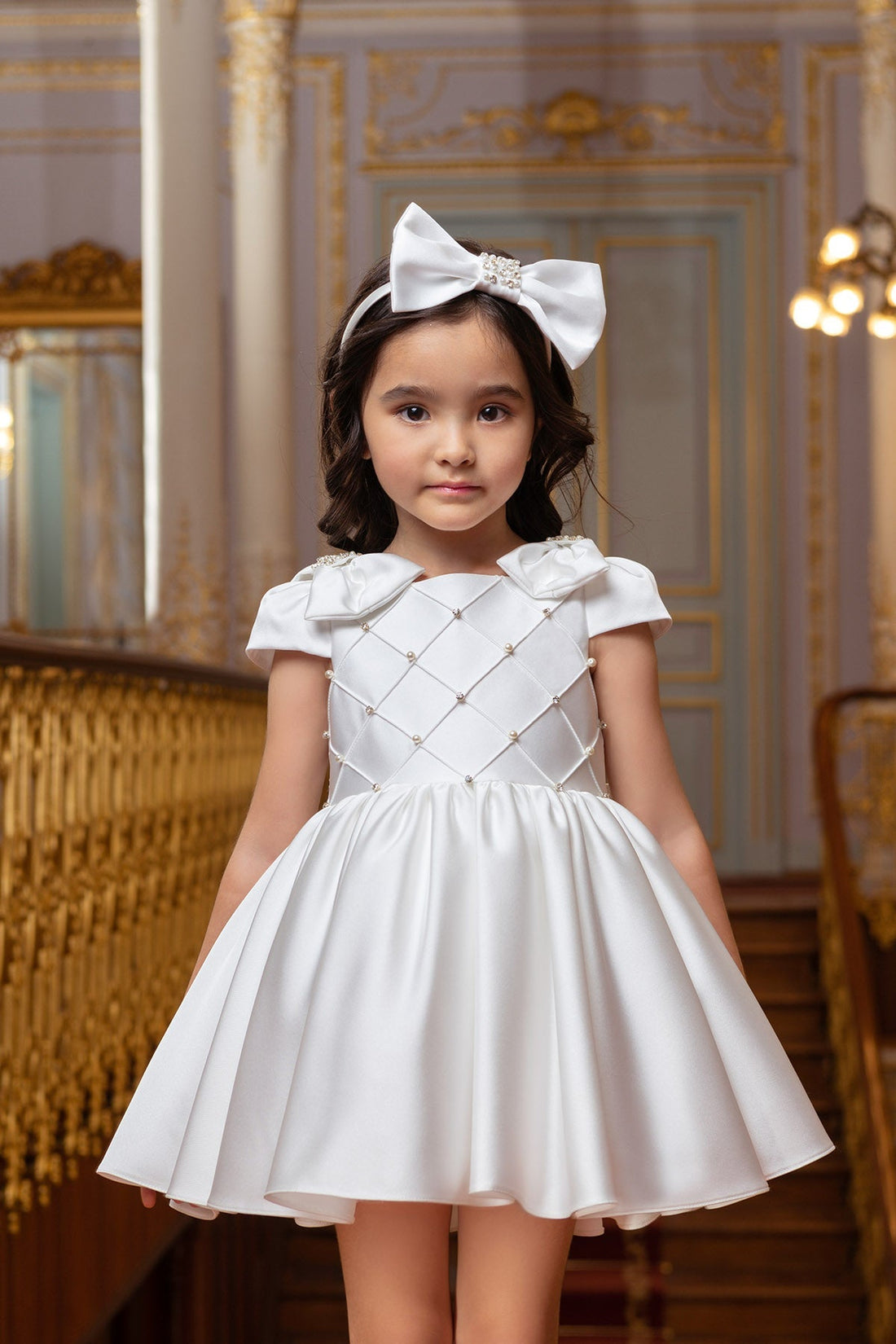 Dalila Elegant White Gown – Premium Taffeta with Signature Shoulder Bows &amp; Pearl Accents