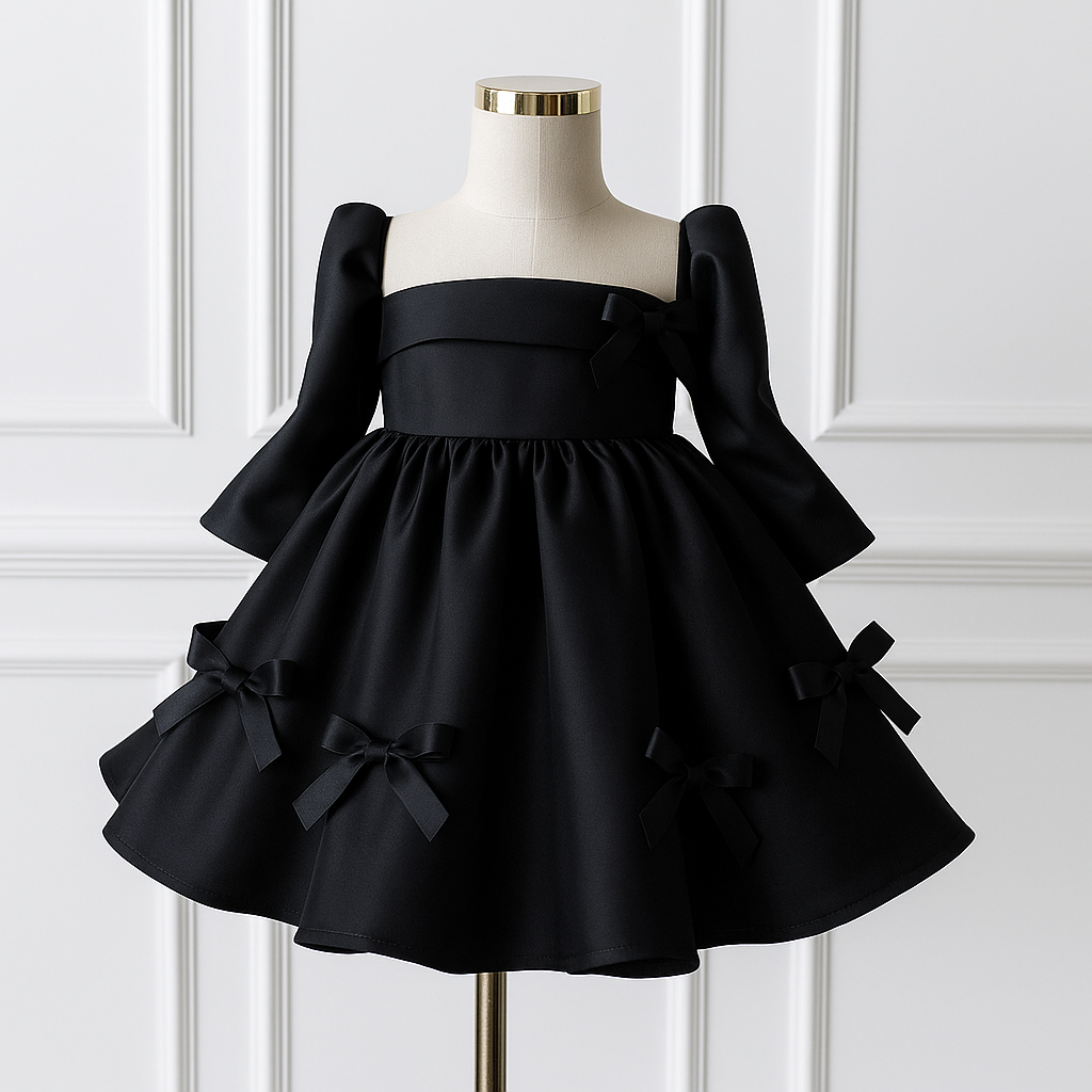 Sol Elegant Black Gown – Premium Long-Sleeved Taffeta with Signature Bow Accents