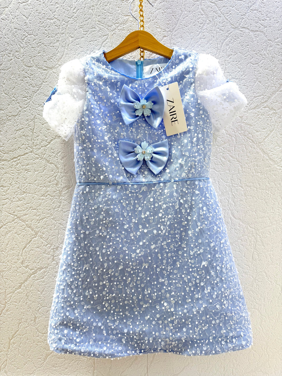 Lara Elegant Sky Blue Gown – Pearl &amp; Sequin Embroidered Lace with Handmade Floral Accents