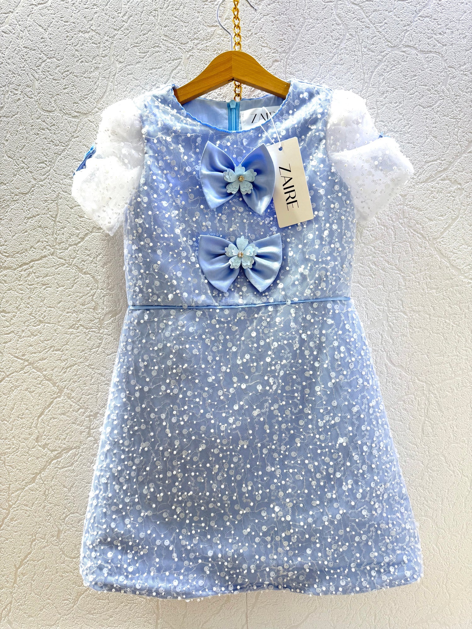 Lara Elegant Sky Blue Gown – Pearl &amp; Sequin Embroidered Lace with Handmade Floral Accents