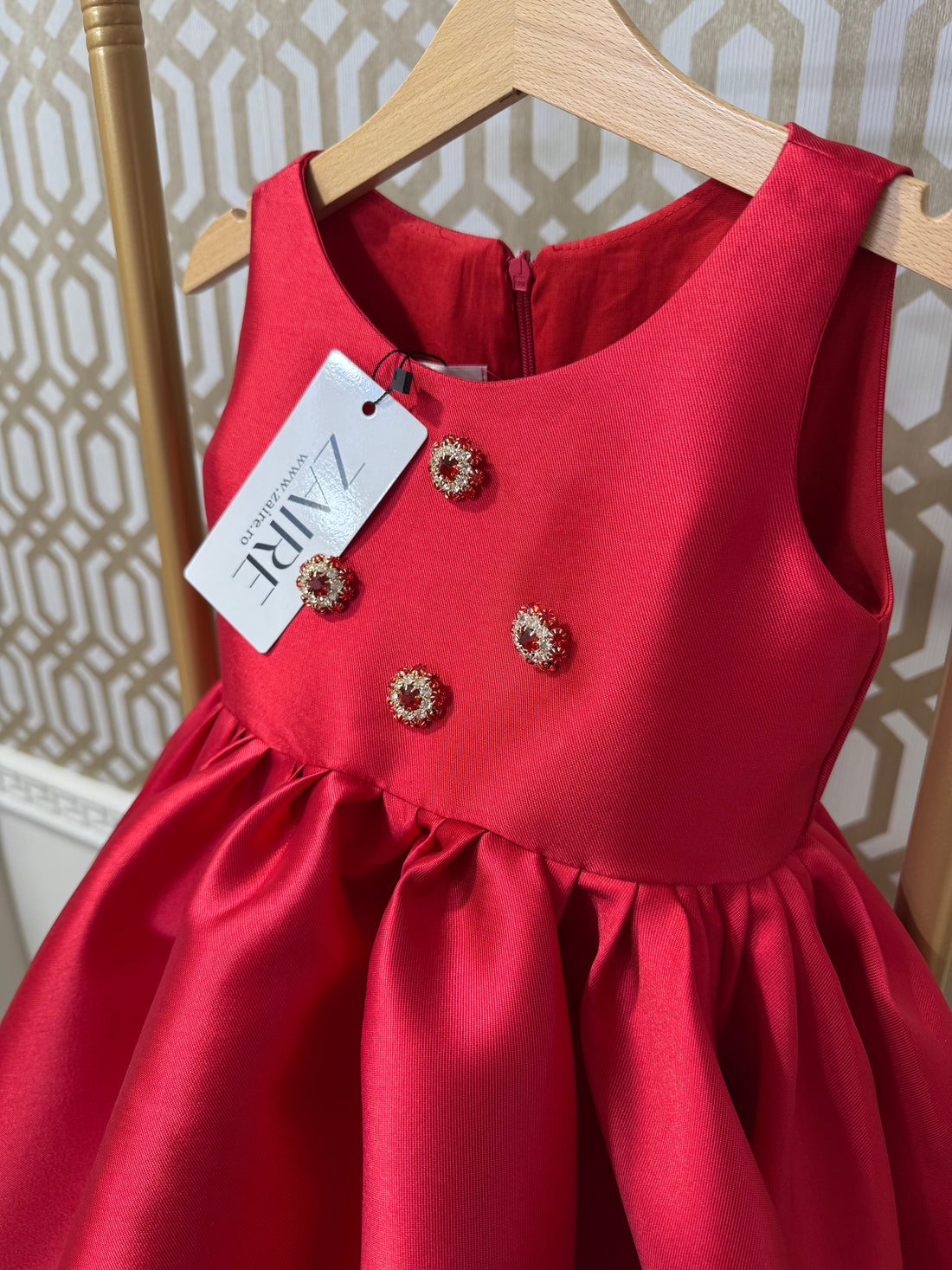 Zenayda Elegant Crimson Gown – Premium Mikado Taffeta with Detachable Bow &amp; Crystal-Encrusted Metallic Buttons