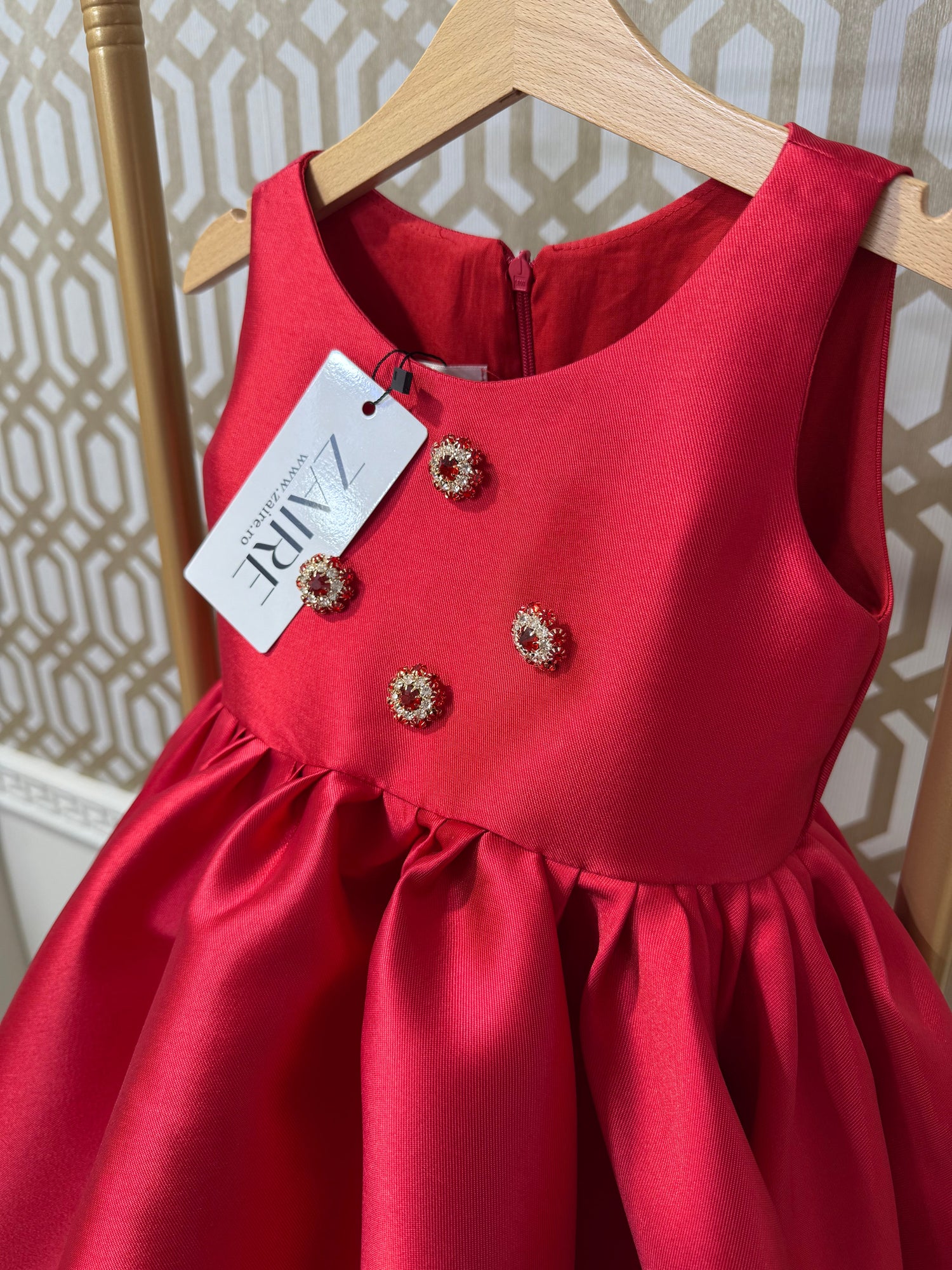 Zenayda Elegant Crimson Gown – Premium Mikado Taffeta with Detachable Bow &amp; Crystal-Encrusted Metallic Buttons