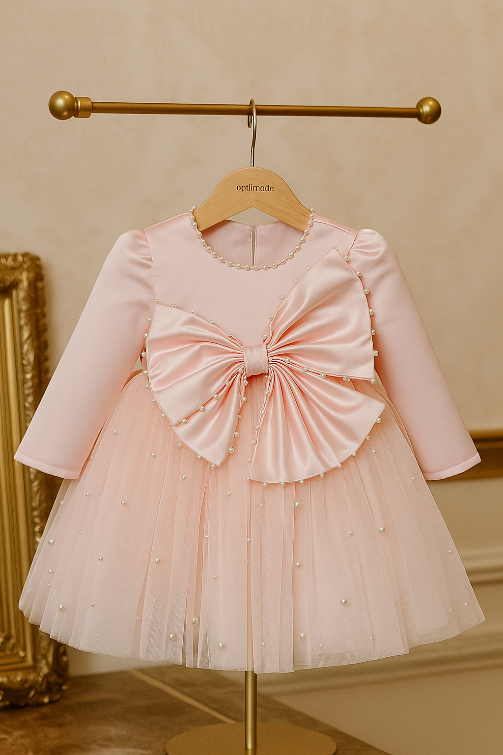 Kendra Elegant Pink Long-Sleeved Gown – Premium Taffeta &amp; Nude Pearl Tulle with Hand-Stitched Details