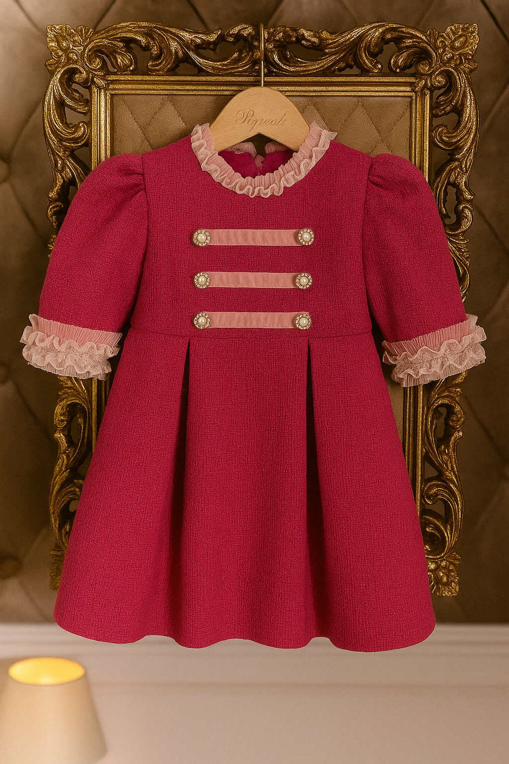 Leila Vintage Pink Tweed Dress for Girls – Ruffled Details and Decorative Buttons