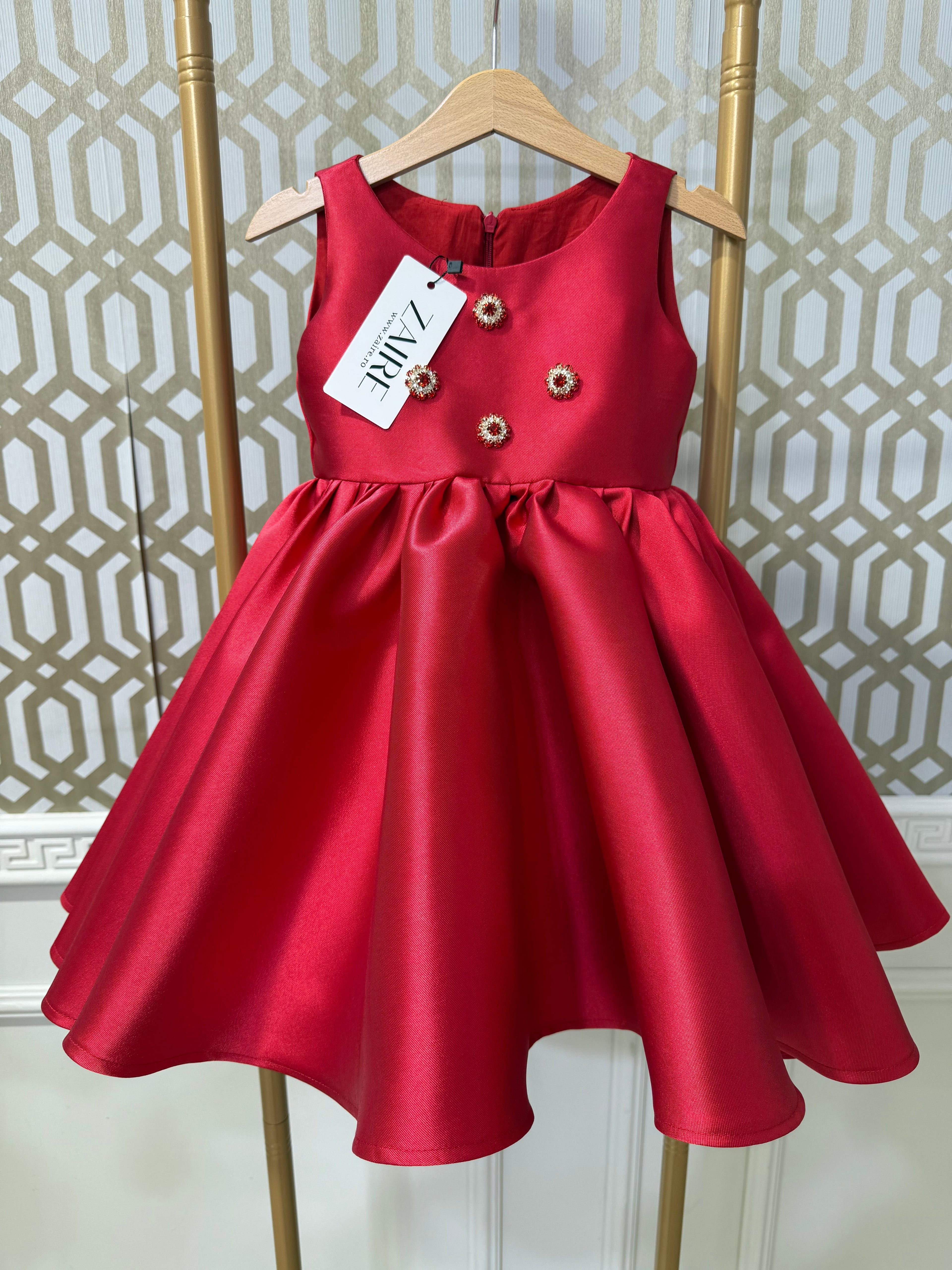 Zenayda Elegant Crimson Gown – Premium Mikado Taffeta with Detachable Bow &amp; Crystal-Encrusted Metallic Buttons