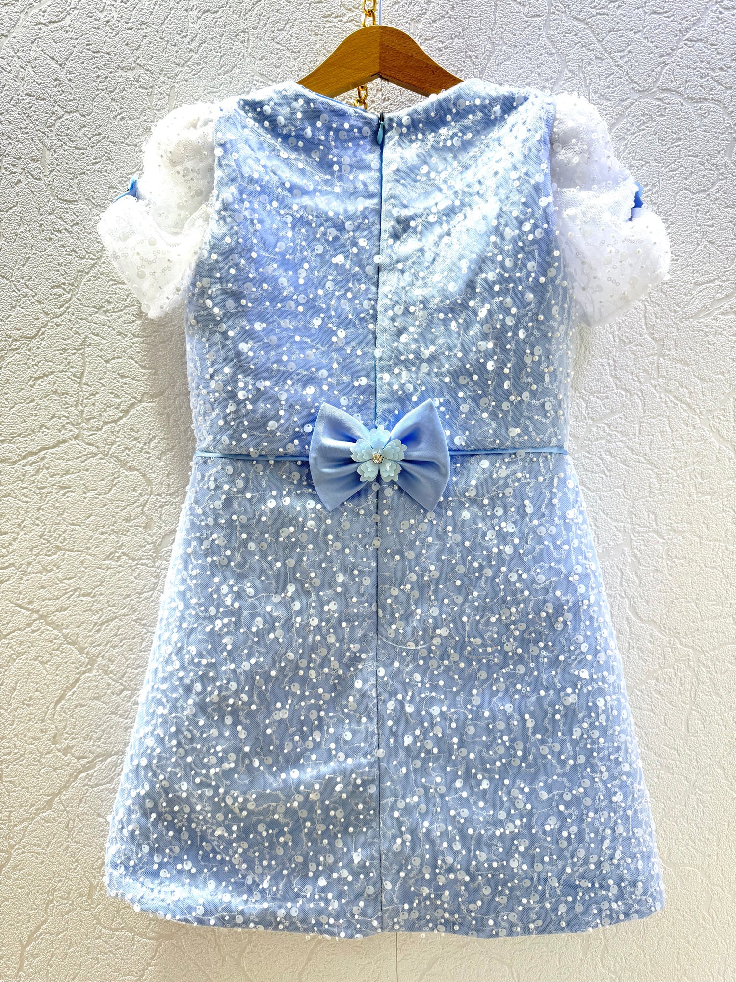 Lara Elegant Sky Blue Gown – Pearl &amp; Sequin Embroidered Lace with Handmade Floral Accents