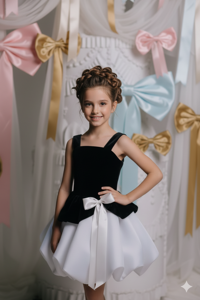 Erin Elegant Black Velvet and White Neoprene Dress for Girls