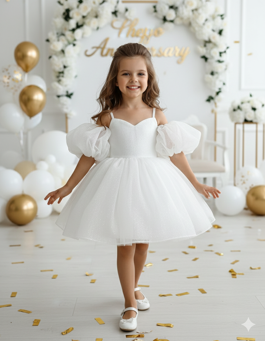 Eloise Elegant White Gown – Shimmering Glitter Tulle with Dramatic Puffy Sleeves