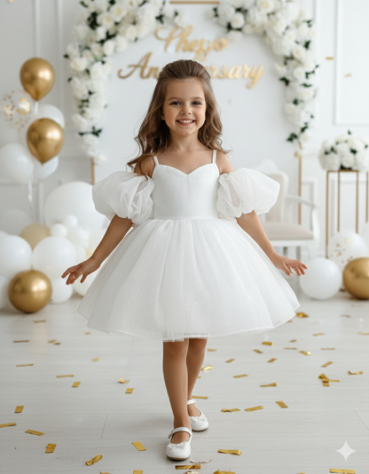Eloise Elegant White Gown – Shimmering Glitter Tulle with Dramatic Puffy Sleeves