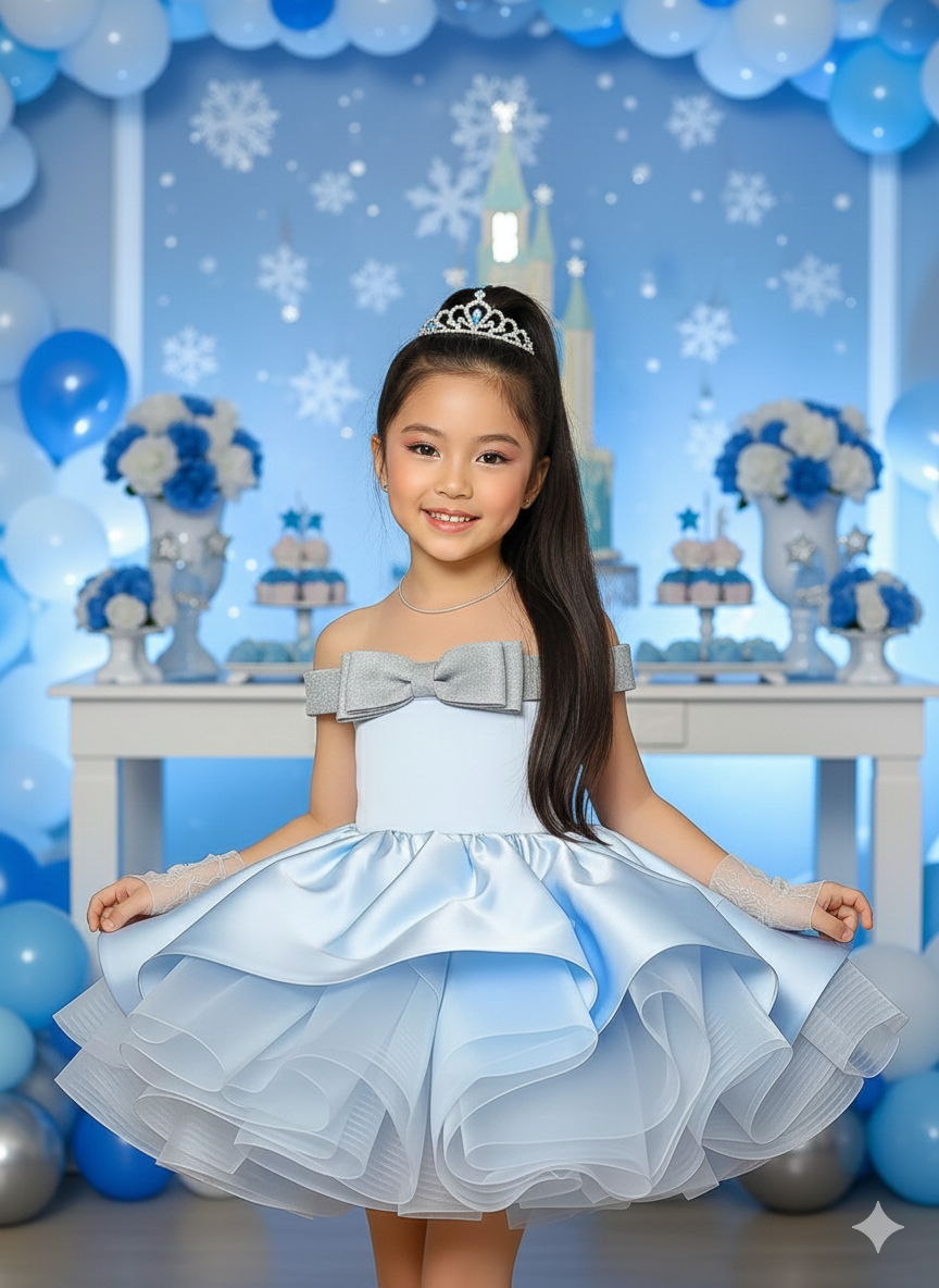 Elsa Elegant Sky Blue Gown – Premium Taffeta with Shimmering Silver Statement Bow