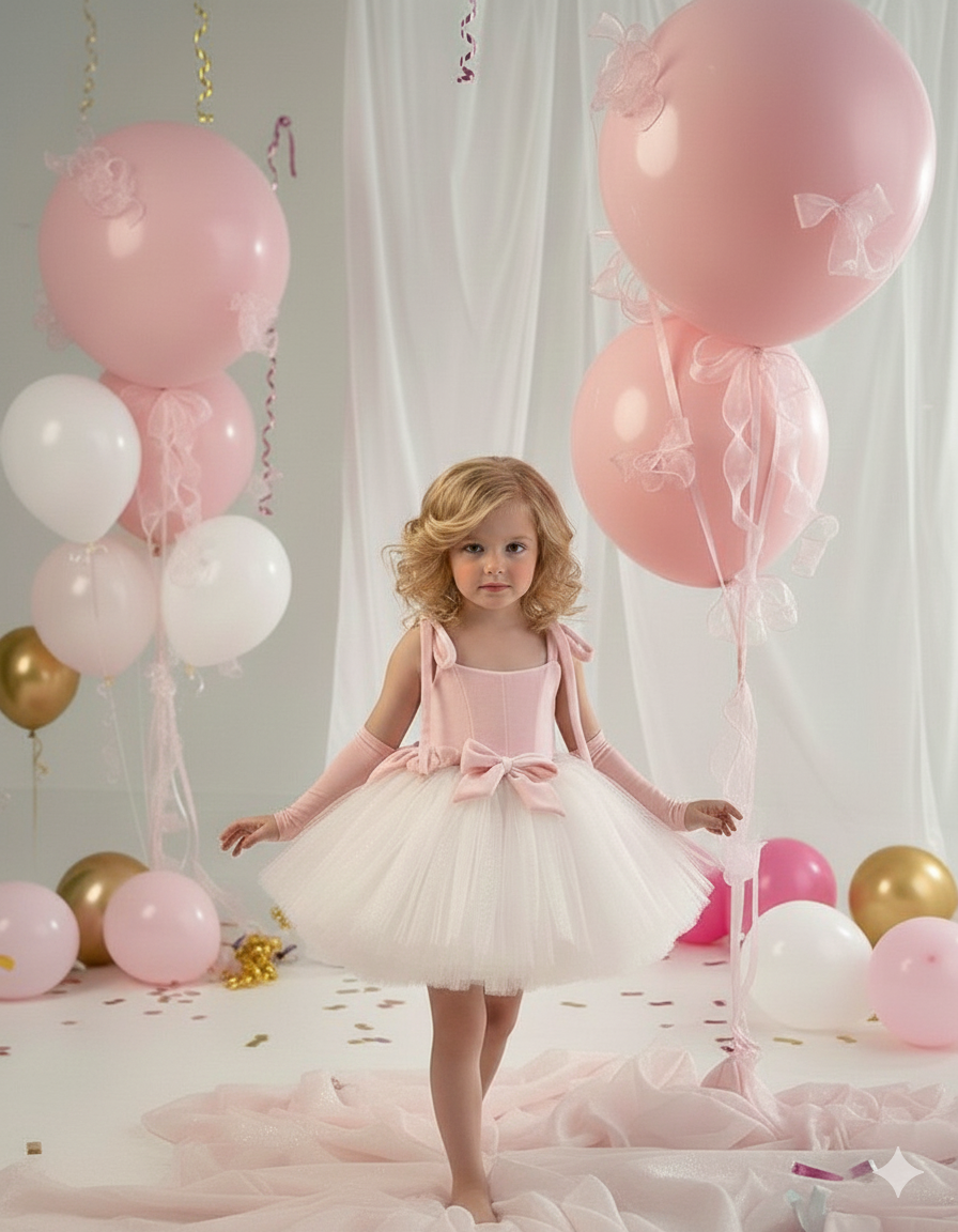 Mia Elegant Pink Velvet and White Tulle Dress for Girls – Accented with Charming Bows