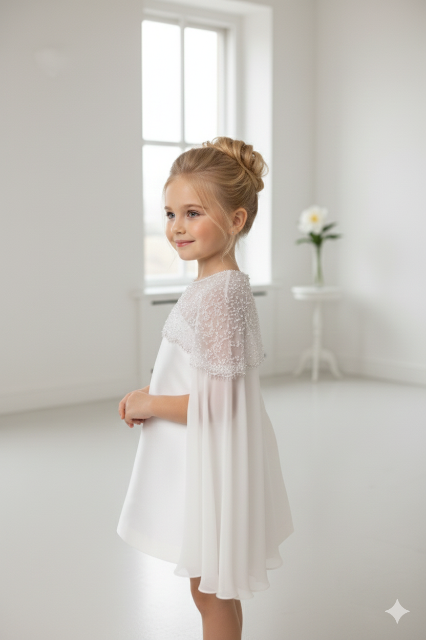 Rhea Elegant White Ceremony Dress – Mikado Taffeta and Embroidered Lace with Pearls