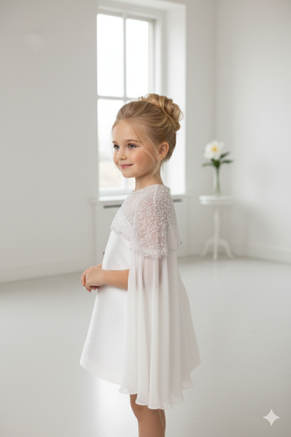 Rhea Elegant White Ceremony Dress – Mikado Taffeta and Embroidered Lace with Pearls