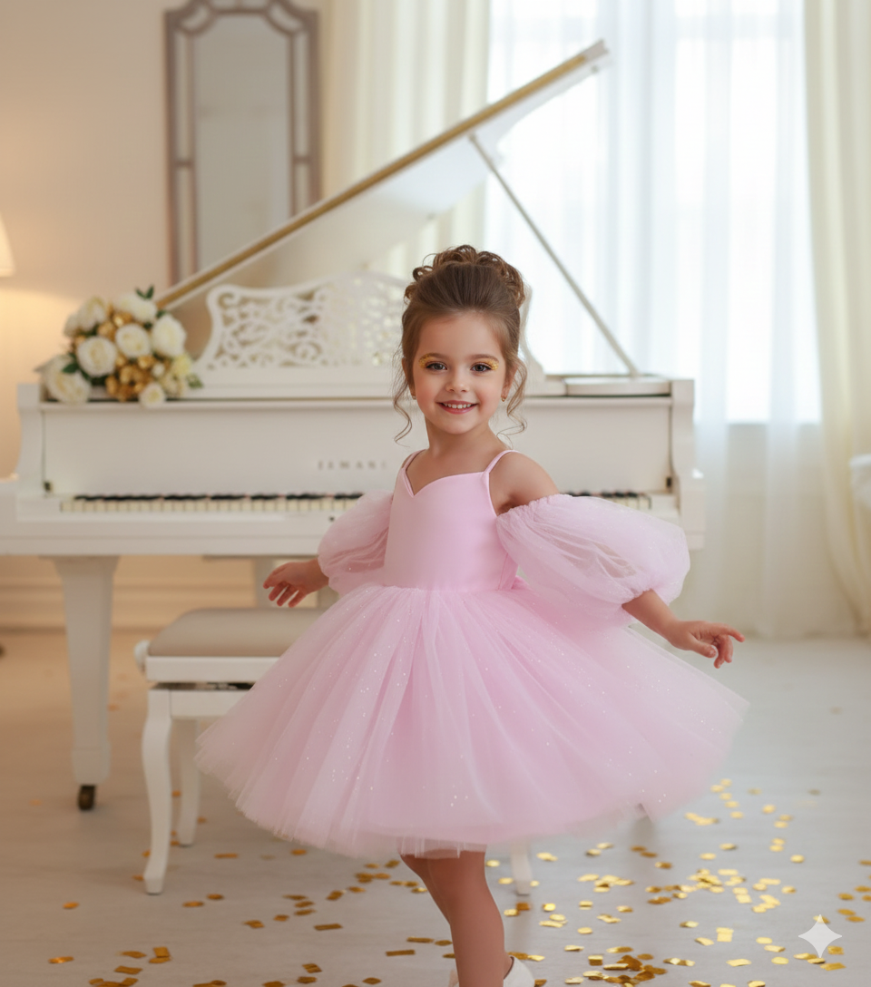 Eloise Elegant Sky Blue Gown – Shimmering Glitter Tulle with Dramatic Puffy Sleeves