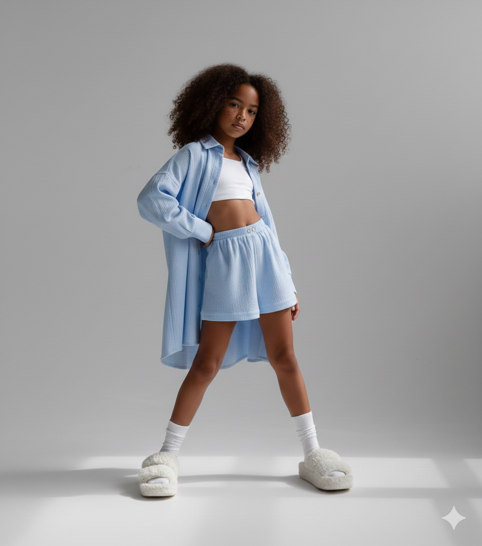 Defne Black Muslin Casual Set for Girls – Oversize Shirt and Shorts